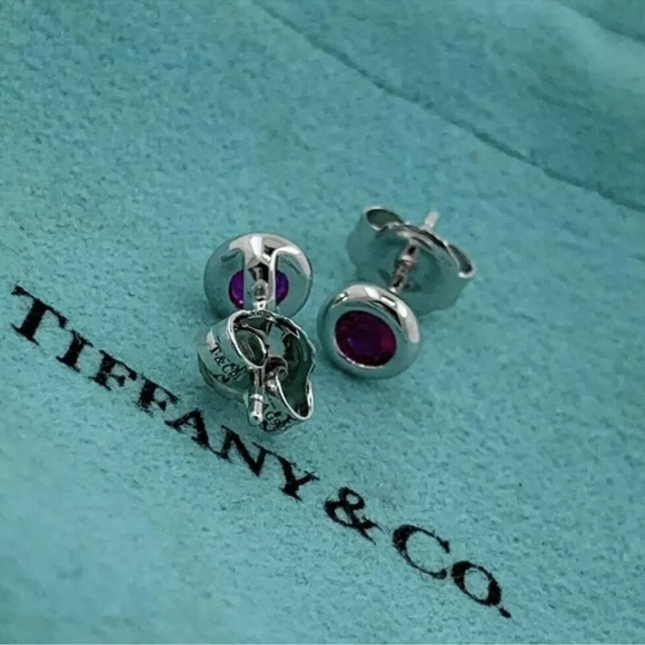 Tiffany & Co 925 Silver Elsa Peretti Pink Ruby By Yard Earrings w/ Pouch - Picture 2 of 4